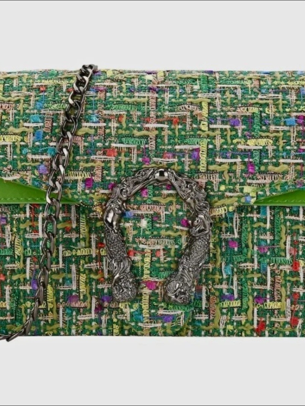 Keryhebn Green Tweed Chain Shoulder Bag with Silver Hardware